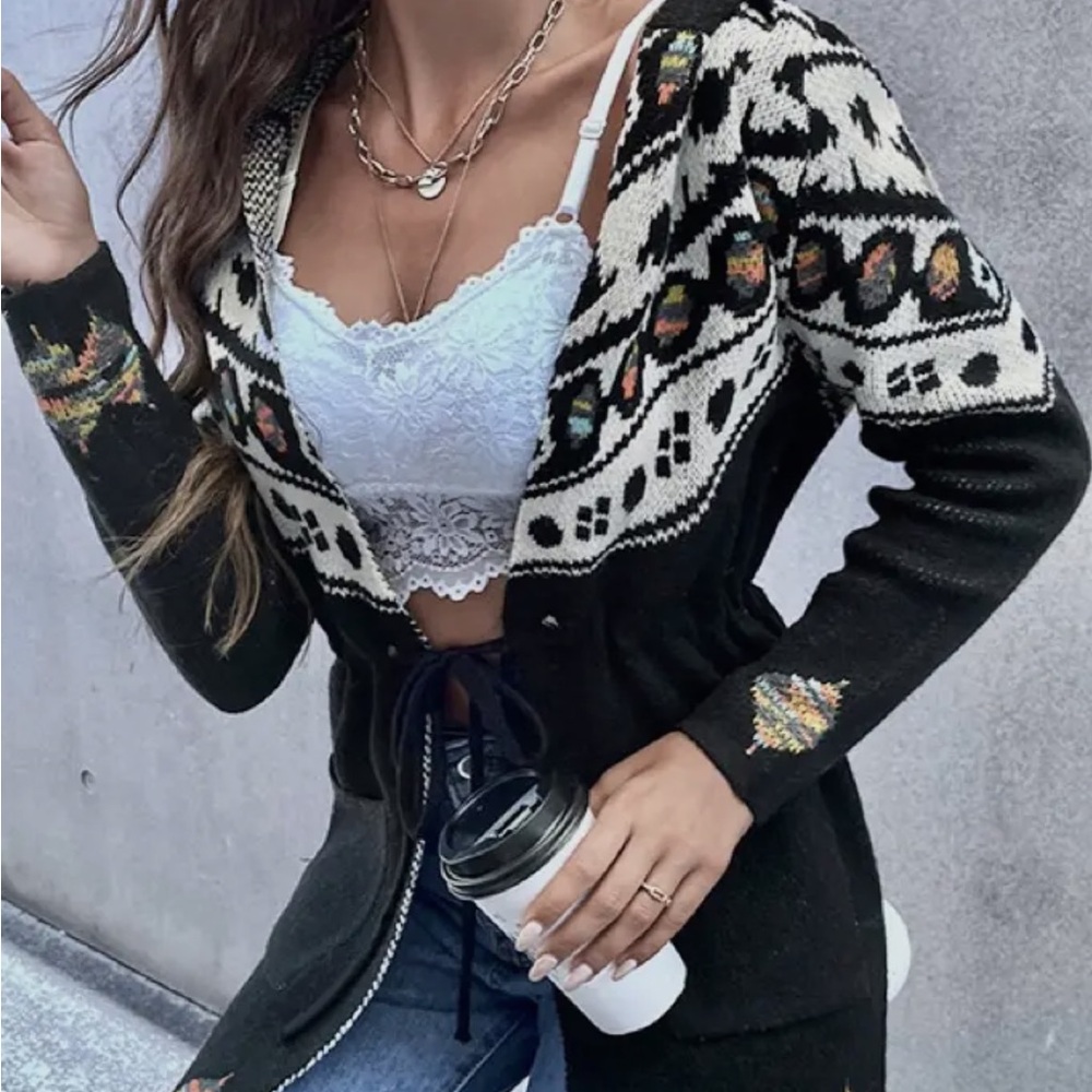 O/S Geo Black Patterned Women's Sweater cardigan